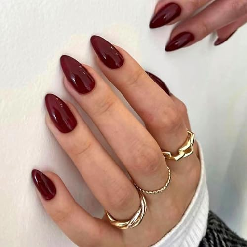 MouyouGlow Press on Nails Kurz,Almond Dunkel Rot Burgundisch Einfarbige Glossy Fake Nails Kunstnägel,Dark Wine Red Künstliche Fingernägel