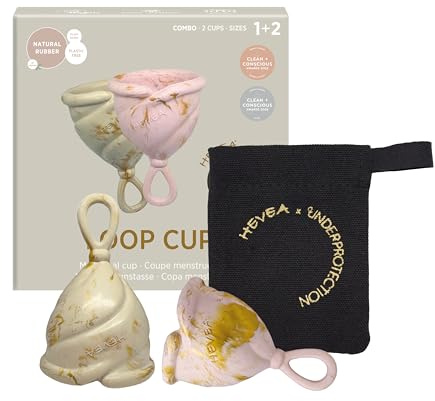 HEVEA Coupe Menstruelle Réutilisable en Caoutchouc Naturel - Confortable, Sûre, et Zéro Déchet - Une Protection Jusqu'à 12 Heures (Blush doré et sable doré, Tailles 1 et 2)