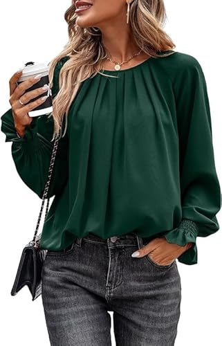 Toplop Bluse Damen Rüschen Laternenärmel: Elegant Langarmshirt Herbst Frühling Sommer Oberteile Lässig Rundhals Plissee Knopf Tops Mode V-Ausschnitt Brusttaschen Leopard Tunika