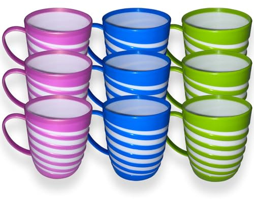 Cennet Plastic Coffee Mug with Handles - Reusable Unbreakable Lightweight Cups for Hot and Cold Tea, Milk, Water, Juice - Picnic, Camping Travel Party, BPA Free (9, Striped)