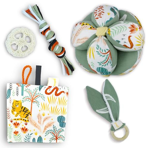 Surikatokids - Cesto de los Tesoros Montessori con pelota sensorial - Juguetes bebe 6 meses (Cesta Selva)