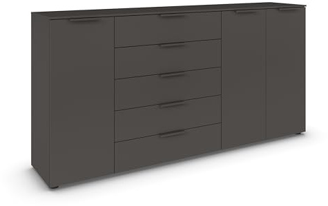 Rauch Möbel Flipp, Kommode, Farbe Graphit, Breite 199 cm | Sideboard, 3-türig, 5 Schubladen, Soft-Close-Funktion, für Schlafzimmer, Gästezimmer, Wohnzimmer, Garderobe, Flur