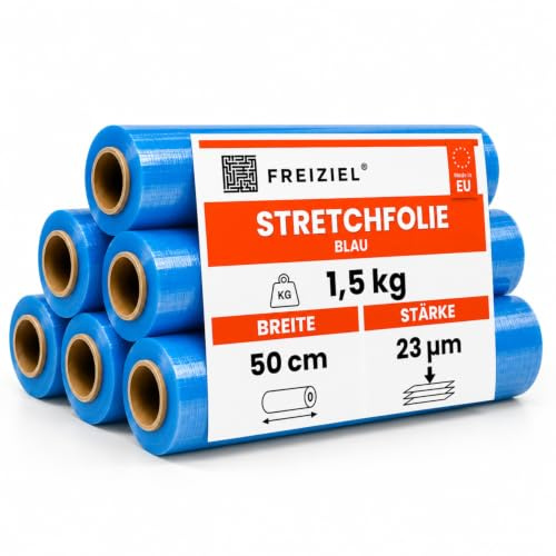 Freiziel® 6 x Stretchfolie 50cm 1,5 kg 23my (blau) Wickelfolie, Packfolie, Folie für Möbel und Umzug
