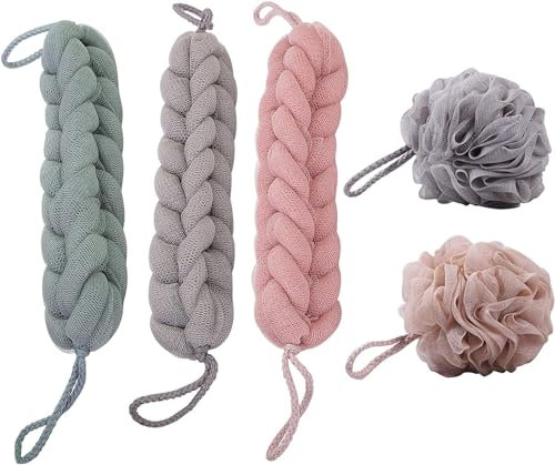 5 Stück Badeschwamm Duschschwamm Netz Schwamm für Körperpeeling, 2er Körperschwamm Mesh Bad Duschknäule und 3er Langes Rückeneinseifer Seifschwamm Massageschwamm Rücken Wäscher, Luffa Schwamm