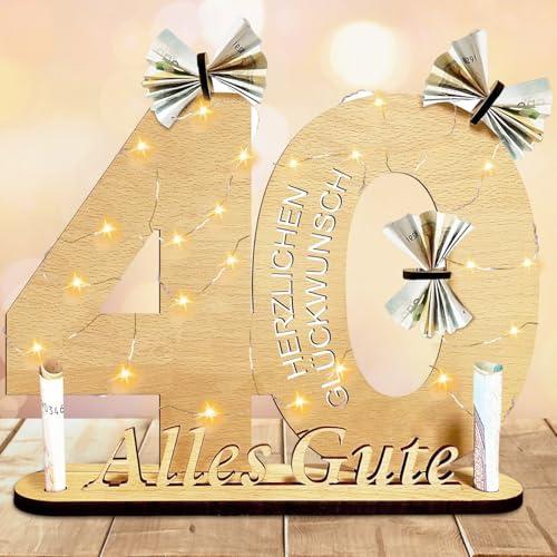 Geschenke zum 40 Geburtstag,Holz Geldgeschenk mit LED Lichterkette Ständer | Geschenke zum 40 Geburtstag für Frau und Mann, Alles Gute zum 40 Geburtstag, Coole Geschenkideen und Tischdeko