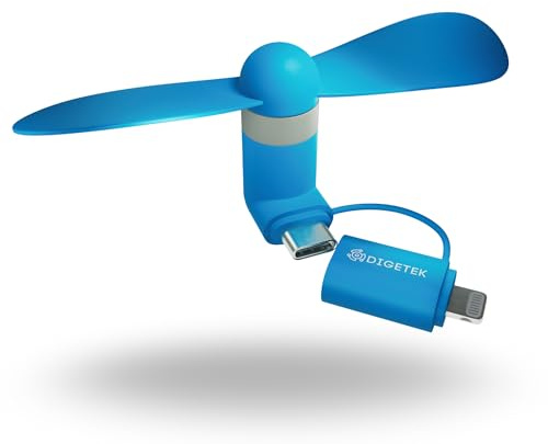 DIGETEK Mini Travel Fan for Smartphone – USB-C & Lightning Cooling Fan, Pocket-Sized, Ultra-Quiet, Compatible with iPhone, Samsung & More (Blue)