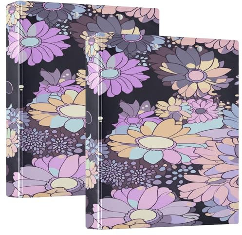 Notizbuch mit drei Ringen, 3,5 cm, Notizbuchordner mit Innentaschen, 1/2 Packung Ordner, Schulhefter, 200 Blatt, schwarz, lila, rosa, Cartoon, blühendes Gänseblümchen
