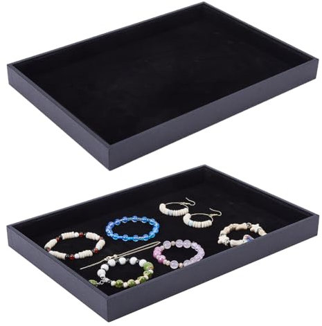 DICOSMETIC Black Velvet Stackable Jewelry Tray Wood Rectangle Jewelry Display Trays Earrings Rings Necklaces Holder Tray Empty Jewelry Showcase Tray for Home Store Display, 13.7x9.4x1.2 Inches