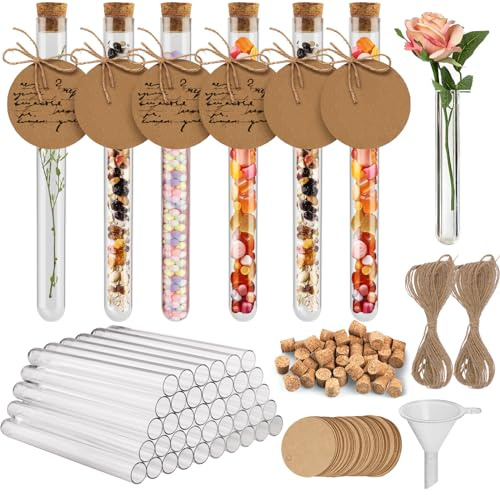 OFFCUP Reagenzgläser Set, 40 Stück Reagenzglas mit Korken 16 * 150mm, Transparent Reagenzgläser für Blumen Reagenzglas mit Kraftpapieranhänger, Hanfseil und Trichter, für Bonbons, Blumen, DIY