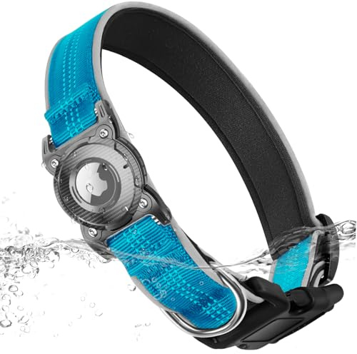 ONEONTA Airtag Hundehalsband Wasserdicht | Hund Anhänger Mit Abnehmbarer Metallschlaufe, Weich Gepolstertes Neopren Nylon, Reflektierend, Verstellbar für Hunde, Blau, XL