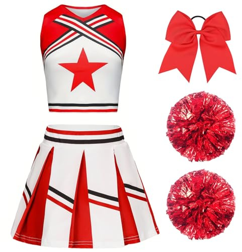XFOZDM Cheerleader Kostüm Kinder Cheerleader Kostüm Kleid Mädchen Cheer Uniform mit Pompoms und Kopfschmuck Cheerleading Outfit Kinder für Faschingskostüme Halloween Karneval