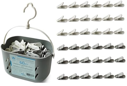 Foyer Nuage Lot de 60 Pinces à Linge Plastique de Qualité Supérieure avec Panier, Pinces à Linge Antidérapantes avec Clip Rembourré Doux pour Corde à Linge, Epingles à Linge avec Panier de Rangement