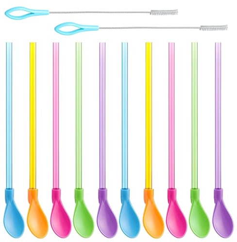 XPEX 10 Pezzi Cannucce riutilizzabili, 2 in1 Cucchiaio di Paglia cannuccia riutilizzabile,cannucce cocktail, Cannucce Bubble Tea, Cannucce Colorate per Cocktail Latte Freddo Frullati Caffè Freddo