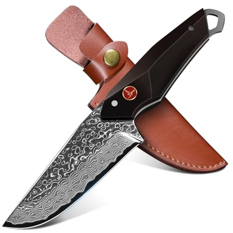 TAN REN Cuchillo De Damasco Cuchillo De Caza, Cuchillo De Supervivencia De Acero D2 Con Funda De Cuero Cuchillo Bushcraft Para Senderismoa