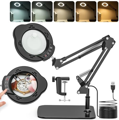 Jubor 2-in-1 Magnifying Glass with Light and Stand, 15X 10X Magnifying Lamp with Clamp and Base, LED Desk Magnifier Lamp with 5 Color Modes and 10 Brightness Levels for Hobby Crafts, Repair, Reading