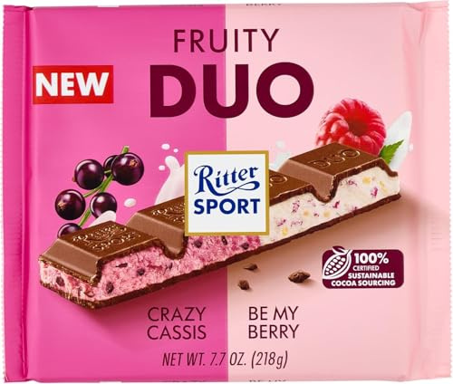 Ritter Sport Crazy Cassis Be My Berry, Chocolate con Leche Relleno de Grosella Negra y Frutos del Bosque, Barra Cuadrada, 218g