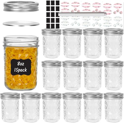 Keketin 15 Pack 8 oz Wide Mouth Diamond Glass Mason Jars with Airtight Lids & Bands, 240ml Small Canning Jars for Preserving, Jam, Jelly, Fermenting, Salad & Wedding Favors