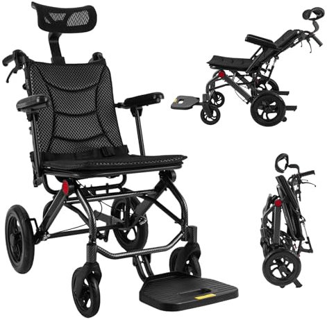 PurpleMinder Silla de ruedas plegable ligera con asiento ergonómico y reposacabezas, silla de ruedas portátil de viaje, cómoda silla de ruedas con bolsa de viaje y ruedas bloqueables, capacidad de