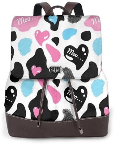 NBHDZENGW Rucksack für Damen, Motiv: Kuhfell mit Herzen, PU-Leder, bedruckt, modisch, wasserdicht, lässig, Laptop-Tasche, Schule, Arbeit, Reisen, Tagesrucksack für Damen, Schwarz , One size