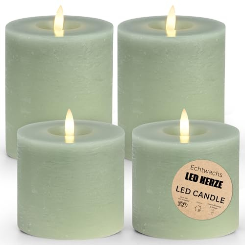 LED Stumpenkerzen 4er Set aus Echtwachs mit Timerfunktion inkl. Fernbedienung - Kerzen realistisch flackernde Flamme warmweiß Ø 10 cm - Elektrische Wachskerzen Salbeigrün als gemütliche Tischdeko