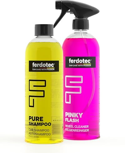 FERDOTEC Set di pulizia per auto, shampoo e detergente per cerchioni (2 x 750 ml) – Shampoo per auto altamente concentrato, ricco di schiuma, delicato su vernici e sigillanti, detergente per cerchioni