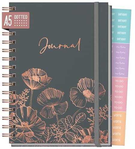 Häfft® Dotted Journal Fancy - Hardcover Notizbuch A5, 120 g/m²-Papier, Rosègold-Prägung, 160 Seiten - Ringbuch, Tagebuch Poppy