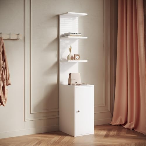 SIRHONA Étagère Chambre, Colonne de Rangement avec Porte, Finition Brillante, Étagère Mural 3 étagères, pour Salon Chambre, Poignée en métal, 30x40x160 cm, Blanc