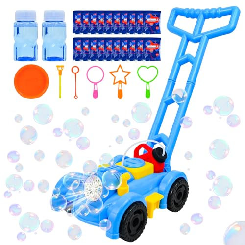 Joellfuner Rasenmäher Seifenblasenmaschine, Seifenblasen Rasenmäher für Kinder, Automatische Seifenblasenmaschine mit 12 Blasenlöcher, Bubble Machine für Jungen Mädchen Sommer Garten Hochzeit (Blau)