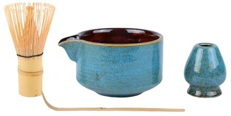 CZCMYAU Matcha Schneebesen Set - 4 Stück Traditionelle Japanische Teezeremonie mit Schale, Bambus Schaufel, Schneebesen und Halter (Blau)