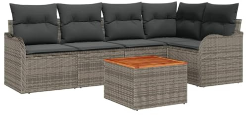 vidaXL 6-teiliges modulare Garten-Sofa-Set mit Kissen, graues Poly-Rattan und EIN Akazienholz-Couchtisch für draußen. Perfekte Möbel für Terrasse, Lounge und zur Dekoration.