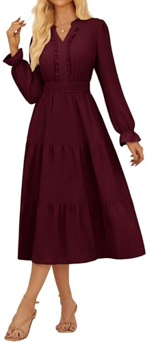 GRACE KARIN Women's Long Sleeve Dress Vintage Henley V Neck Elastic Waist Dresses with Pockets L Wine Red