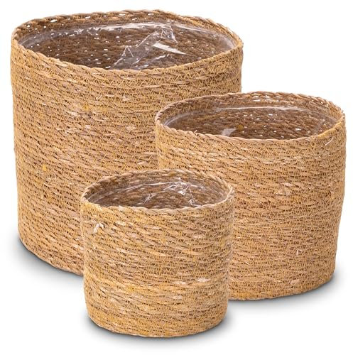 Decorasian Seegras Übertopf – Blumentopf geflochten – Planzenkorb mit Folieneinsatz im Boho Stil – Natur - Set 25cm + 20cm + 16cm