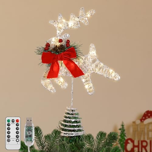 Lewondr Weihnachtsbaumspitze, 11'' Metall Hirsch Christbaumspitze mit Tannenblättern & Schleife, 30 LED Birnen, 6 Std. Timer, 8 Lichtmodi, USB & Fernbedienung Hirsch Baumspitze Weihnachtsdeko,Weiß