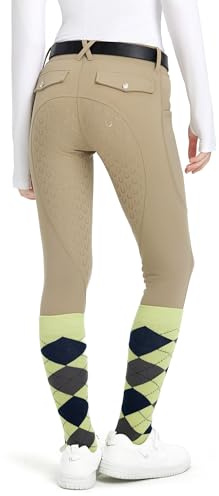 FitsT4 Sports Girls Riding Pants Fleece Lined Kids Winter Breeches Full Seat Silicone Equestrian Pants Tights Pockets Khaki XS