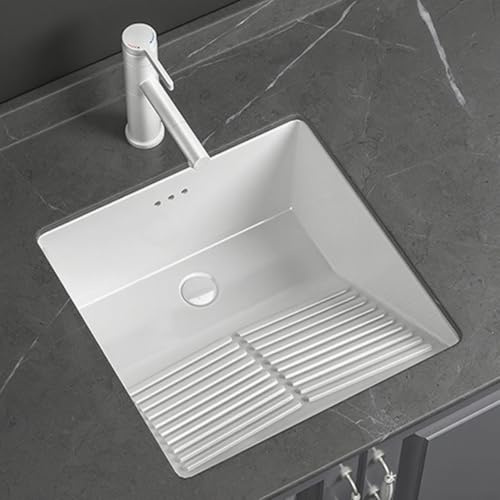 Hltdzer Lavabo in Ceramica Rettangolare per Lavabo da Bagno Vasca Lavanderia con ASSE per Lavare con Rubinetto Bianco Gocciolatoio Tubo di Scarico Adatto per Bagni(47 * 47 * 22CM/18.5 * 18.5 * 8.7IN)