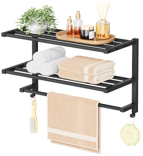HOOBRO 23.8 Towel Rack for Bathroom, 3 Tier Towel Shelf with Tower Bars, Bathroom Storage Organizer for Towels and Toiletries, Towel Holder Wall Mounted with 2 Hooks, Black BK08LB01