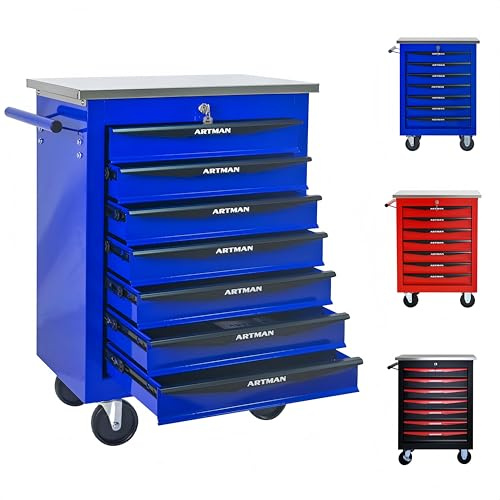 ELIHGTBY Servante d’Atelier Vide à 7 Tiroirs sur roulettes, Chariot d’Outils Robuste avec Verrouillage Centralisé, Établi Mobile pour Garage et Atelier, Servante Atelier Bleu & Noir