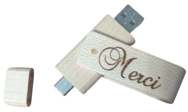 Clé USB 64Go en Bois gravé - Couleur Sable - Cadeau personnalisé - Anniversaire, Noel, fête des pères, fête des mères ou Autre evenement - 2 en 1 (USB/USB-C)
