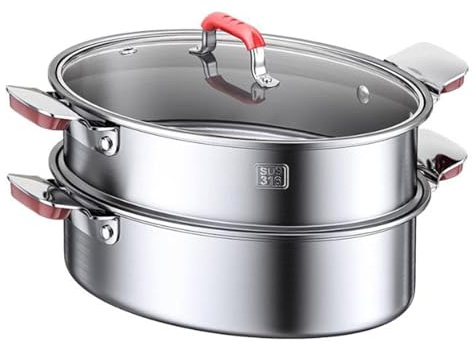 Juego de vaporizador de pescado de acero inoxidable, olla ovalada de 38 cm con estante para cocinar pescado, mariscos y verduras, utensilios de cocina versátiles y saludables para chefs caseros