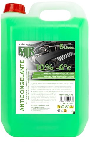 Motorkit MTK Green Antifreeze Coolant 5 L, –4°C, Ready to Use, 10%, 100% Pure Ethylene Glycol, Engine Protection Against Freezing and Overheating