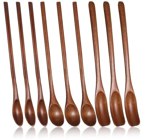 9 Pcs Wooden Honey Spoons, Long Handle Wooden Spoons, Wood Teaspoons, Small Wood Coffee Spoon, Kitchen Cooking Table Spoon for Jam, Dessert Stirring, Coffee (7.87 Inch, 3 Style)
