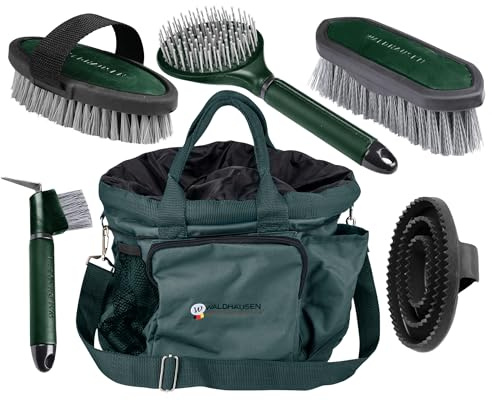 Pferdepflege-Set Deluxe | 6-teilig mit Putztasche – Bürsten, Striegel & Hufkratzer für Pferdepflege | Komplettset für Fell, Mähne & Hufe | Petrol/Forestgrün