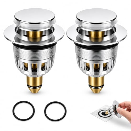 2PCS Sink Plug Replacement for 34–40mm Drain Hole, Stainless Steel Bathroom Basin Plug Pop Up Plugs for Wash Basin with Basket Hair Catcher, Universal Sink Plugs Bathroom Plug with Brass Bounce Core
