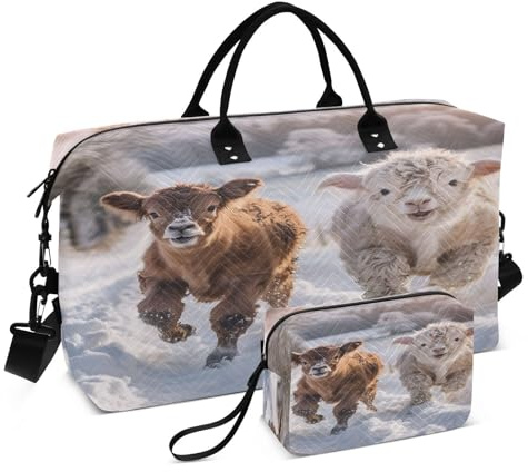Duffel Bag with Trolley Sleeve & Toiletry Bag, Highland Cow Running Weekender Overnight Bag for Gym Travel