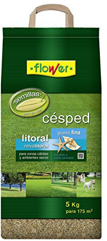 Flower - Semillas de Césped Litoral Grama Fina de 5 kg | Ideal para Zonas Cálidas y Ambientes Secos | Tolerante a la Salinidad | Para 175 m2, Semilla, 25x14.5x54 cm