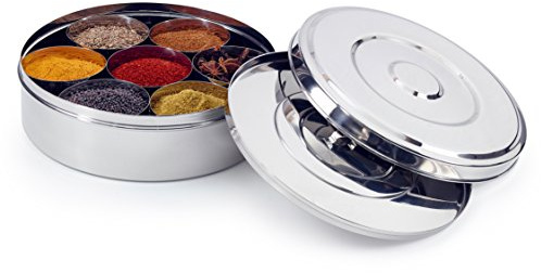 Zinel 7114 Spice Box/Masala Dabba with 7 Comparments and 2 Stainless Steel Lids, 18cm, Silver, 18 cm