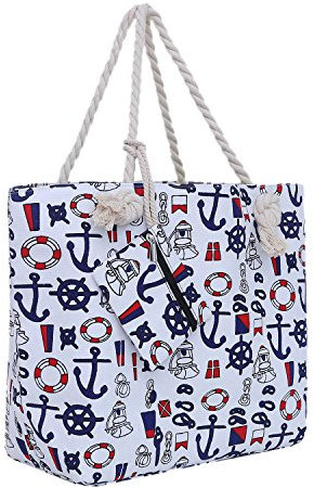 DonDon Strandtasche XXL mit Reißverschluss - Umhängetasche Damen, Shopper Tasche Damen im Beach Look mit Schulterriemen - Urlaub Must Haves Beach bag - Schiff weiß blau rot