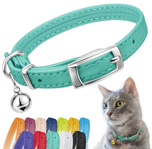 CollarDirect Collare di sicurezza per gatti in pelle, con cinturino elastico, collare per gatti con campanellino, nero, blu, rosso, arancione, verde lime (adatto per collo da 15,2 a 17,8 cm, verde