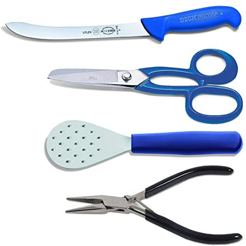 Dick Anglerbedarf Zubehör Set 4 teilig inkl. Fischfiliermesser & Schupper & Flossenschere & Fischgrätenzange in Geschenkbox