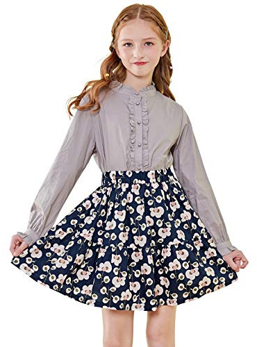 SOLOCOTE Blusa de niñas con volantes, mangas largas, botones, estilo princesa, de algodón suave y suelta, ideal para primavera y verano gris 7-8 años